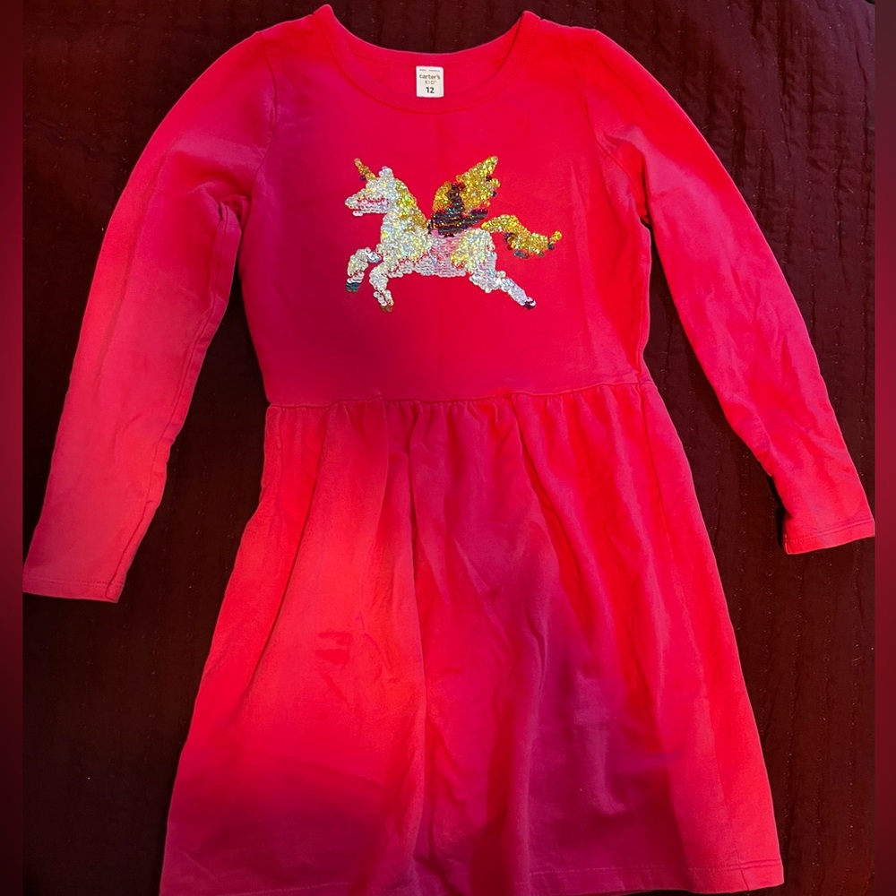 Carter's Kid || 12 Pink Long Sleeve Cotton Multi Sequins Unicorn Dress